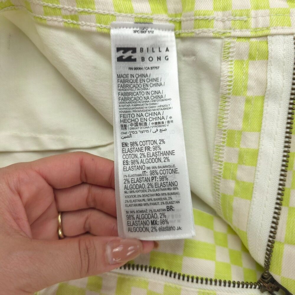 NEW Billabong Free Fall Wide Leg Raw Hem Jeans 90s Y2k Lime Checkered Print 25 - Picture 9 of 10